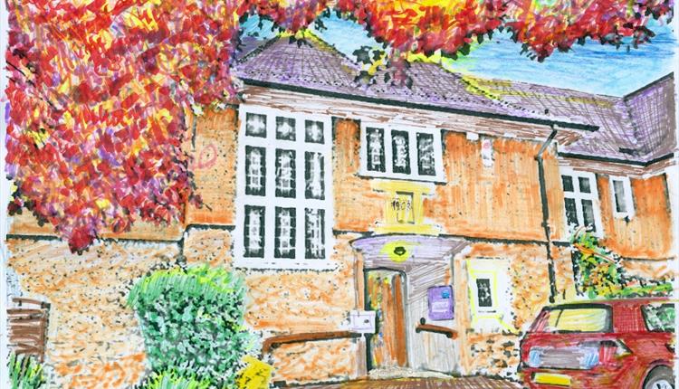 Tuckton Library exterior sketch coloured in felt pens.