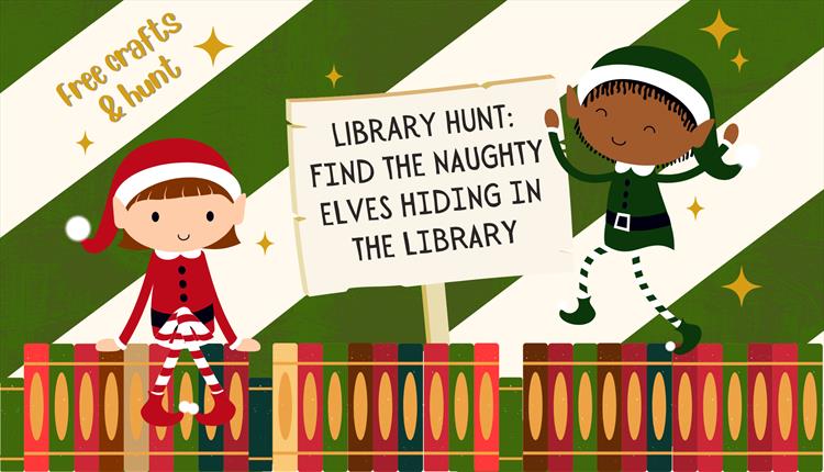 two cartoon elves and a sign that mentions a library hunt