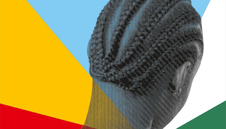 A colourful design created in response to Caribbean flags and carnival culture, overlaid with a scanned image of the back of a person's head, showcasi