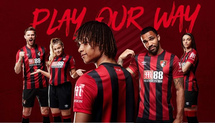 Players model the AFCB home kit with the slogan 'play our way'