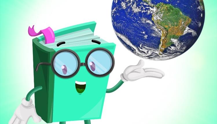 A cartoon book wearing glasses holding a globe