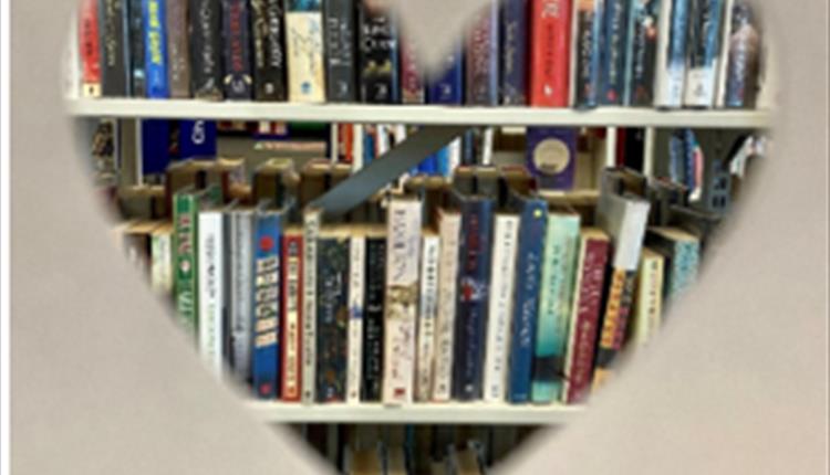 shelves of books seen through a heart-shaped filter