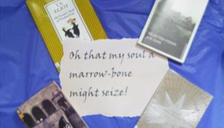 Poetry books with text reading "Oh that my soul a marrow-bone might seize!"