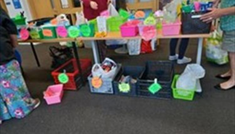 brightly coloured baskets for collecting recycling