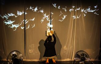 A photo of a stage, with black sheets draped as a backdrop to a projection of white birds and warm yellow light. On the stage is a man with his back t