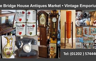 A collage of images from the emporium with the text: 'Welcome to The Bridge House Antiques Market - Vintage Emporium - tel: (01202) 574440