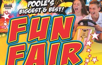 Image of two children enjoying a fairground ride with wording 'Poole's biggest and best fun fair'