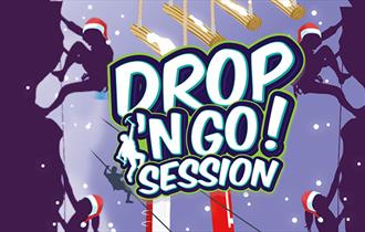 Image of silhouettes on a climbing wall wearing santa hats with the wording 'Christmas Drop n' Go! session'