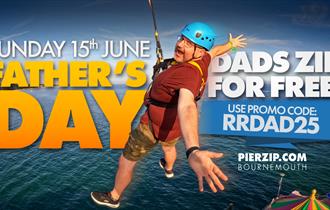 poster image with a Dad in a hard hat ziplining