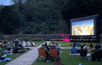 people spaced out on blankets and chairs in an outdoor garden watching a movie