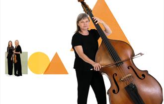 In the foreground, a musician is holding a double bass, whilst in the background two musicians are holding their instruments stood in front of several