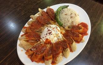 Plate of Turkish food.