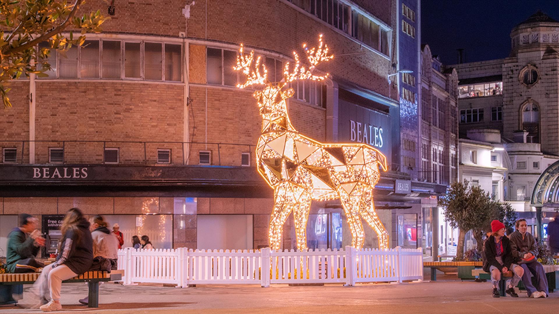 Sparkling reindeer in Beale place at night with street decorations