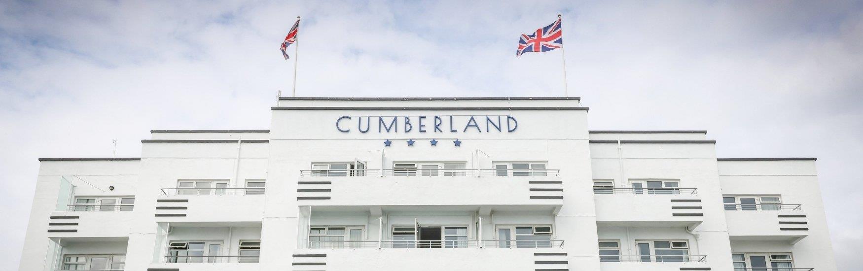 Exterior shot of the white cumberland hotel building in Bournemouth