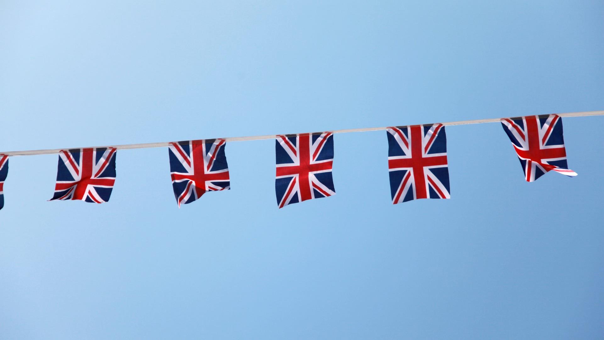 Union Jack Bunting flying in the blue sky