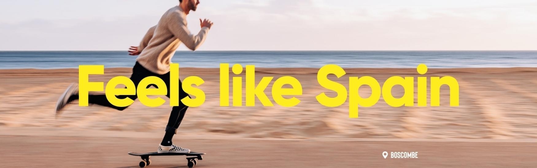 man skateboarding alongside Bournemouth beach with text overlay that reads feels like spain