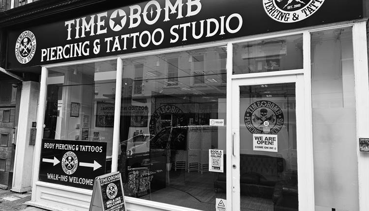 Timebomb Tattoo shop front in black and white