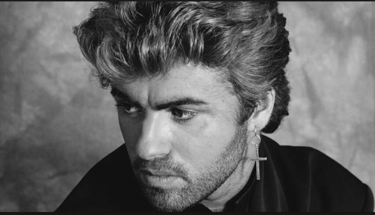 Black and white photo of George Michael