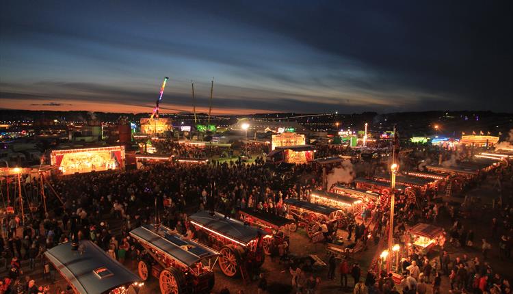 The Great Dorset Steam Fair National Heritage Show at night.