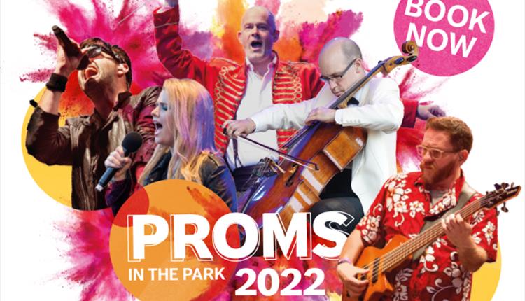 Collage of photos and exploding colours for Proms in the park 2022 event poster
