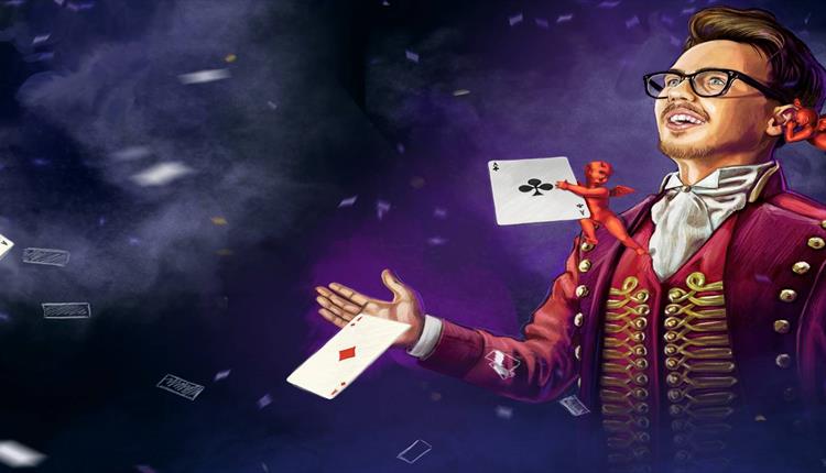 Artwork of magican with cards flying around him