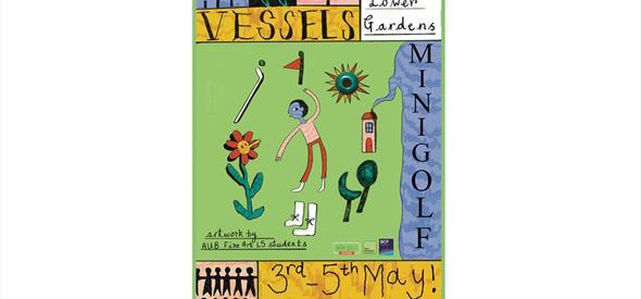 hand drawn flyer for Vessels exhibition minigolf 3rd - 5th May