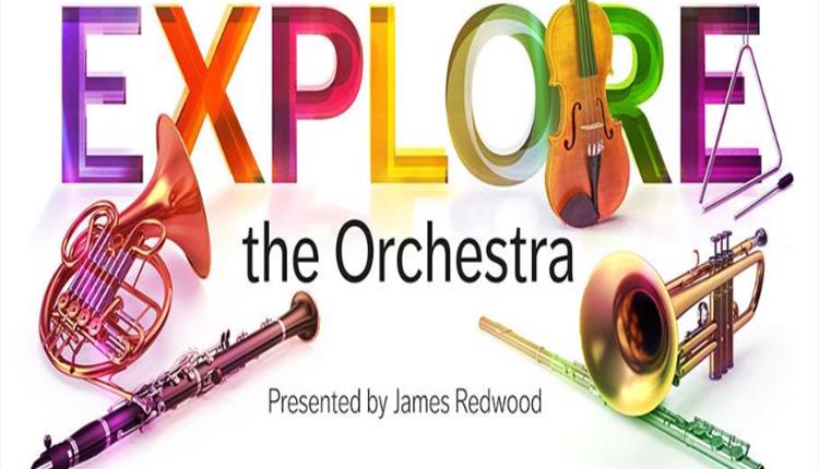 'Explore the Orchestra' written in multi colour with bright coloured instraments.