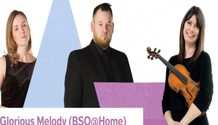 Three Orchestra members stand smartly dressed in black clothing, one holding a a violin under arm. Pink and blue logos.