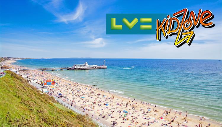 Bournemouth beach and pier shot  with the lv kidzone logo overlaid on top