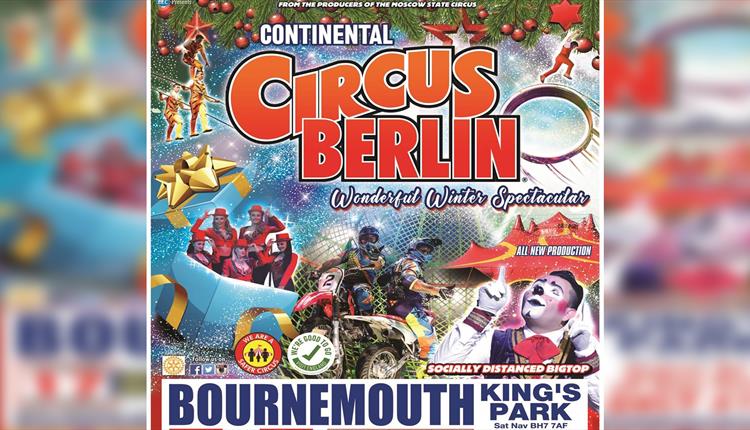 Orange and red colourful logo with spectacular dancers, performers and thrilling rides in Christmas decorations