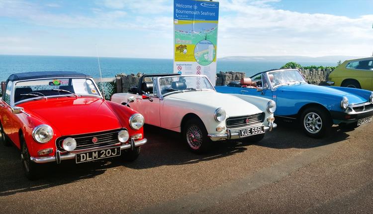 three classic cars in red, white and blue with the sea in the background