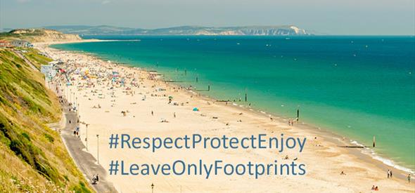 Southbourne beach with message overlay: #RespectProtectEnjoy #LeaveOnlyFootprints