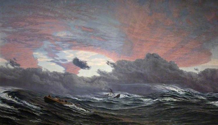painting with dramatic clouds and waves