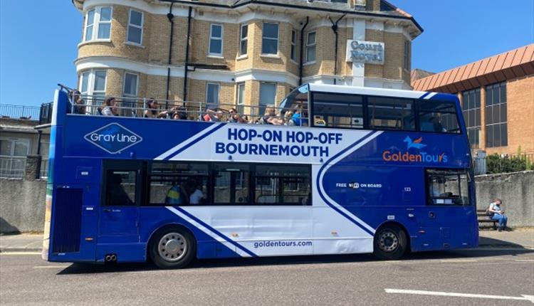 Golden Tours Sightseeing bus at Bournemouth seafront stop