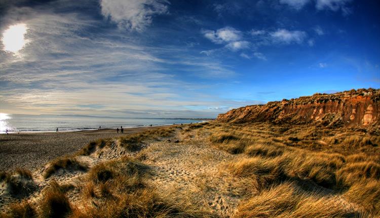 sandy beach, beach, blue sky, cliff side, cliffs, beach grass