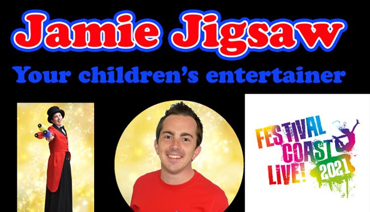 Bright red & blue logo with pictures of Jamie and FCL! logo