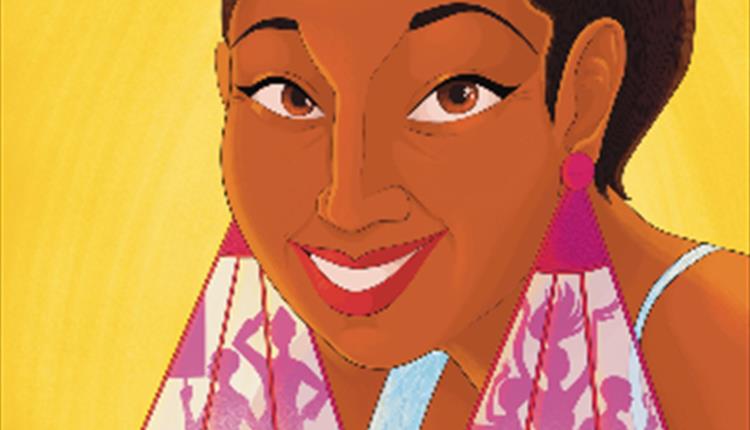 A Illustration of a black lady, with very large earrings with dancers on them. Similar illustrations to the jazz era.