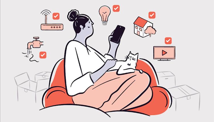 drawn image of a woman on an orange couch with her cat and a visual checklist of move-in to-dos checked off