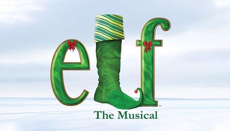 Icy, cloudy background, with 'elf - The Musical' in the forefront