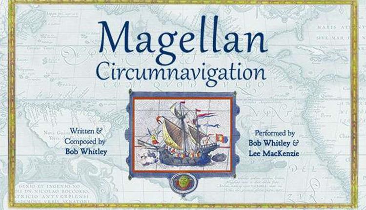 Blue tinted, old-timey sailor's map with iconography and text: Magellan Circumnavigation.