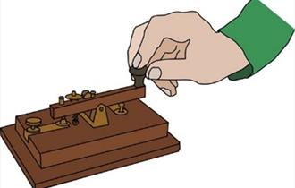 Carton drawing of hand pressing a code and cypher machine