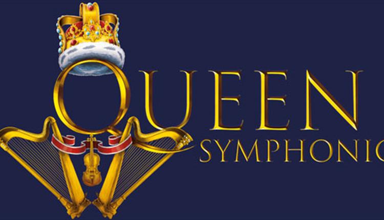 Crowned logo on a royal blue background with the text: queen symphonic