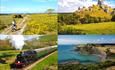 four images of locations near corfe including purbeck railway, corfe castle and chapmans pool