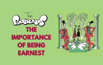 The Importance of Being Earnest promo poster of clipart of two men in top hats and a red suit