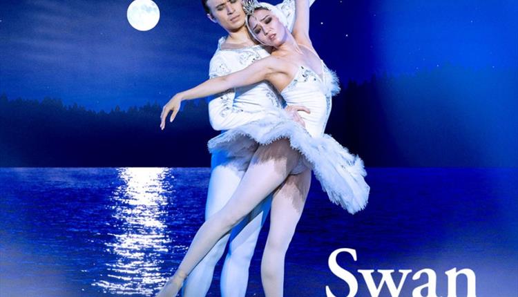 Two ballet dancers performing Swan Lake on a blue background