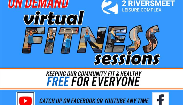 2riversmeet virtual gym with blue background and people doing fitness moves