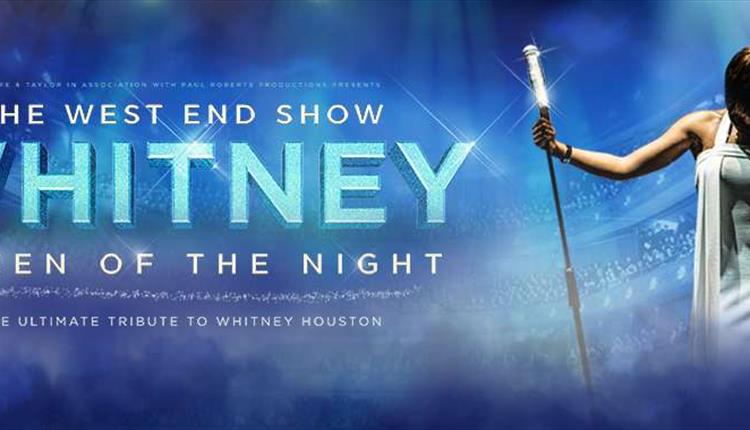 Poster with words stating 'the west end show, Whitney, queen of the night'. an arena with a crowd in the background