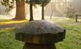 Close up of wooden mushroom with the misty sunrise in the background