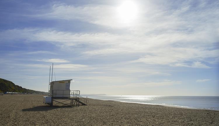 beach, sandy beach, blue sky, sand, white lifeguard tower, white tower, lifeguard tower