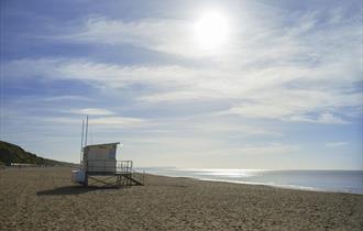 beach, sandy beach, blue sky, sand, white lifeguard tower, white tower, lifeguard tower